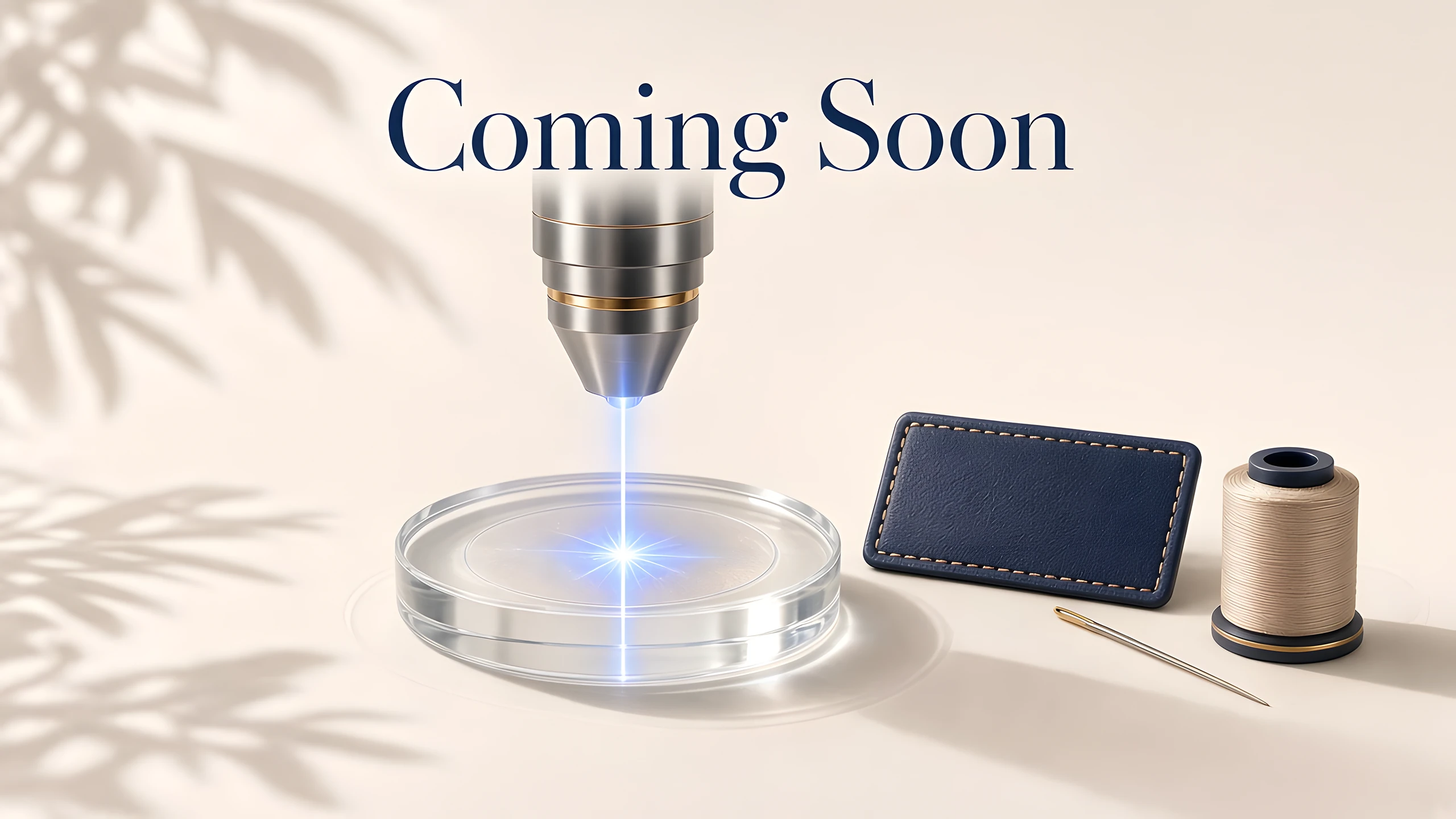 Coming Soon — a laser engraving a crystal disc beside a navy leather name tag, a spool of thread and a needle